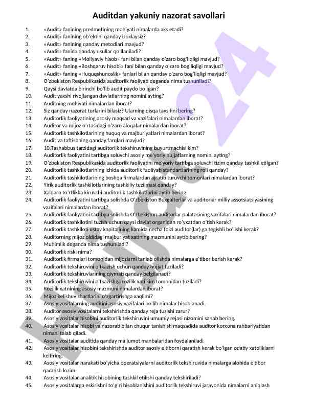 Audit fanining yakuniy nazorat savollari