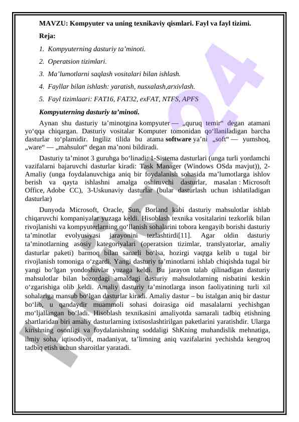 Kompyuter va texnikaviy qismlari tahlili