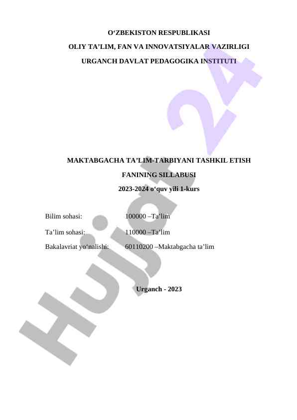Maktabgacha ta'lim-tarbiyani tashkil etish sillabusi
