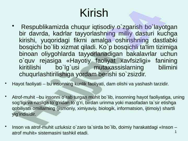 Hayotiy faoliyat xavfsizligi fanining ta'limdagi o‘rni
