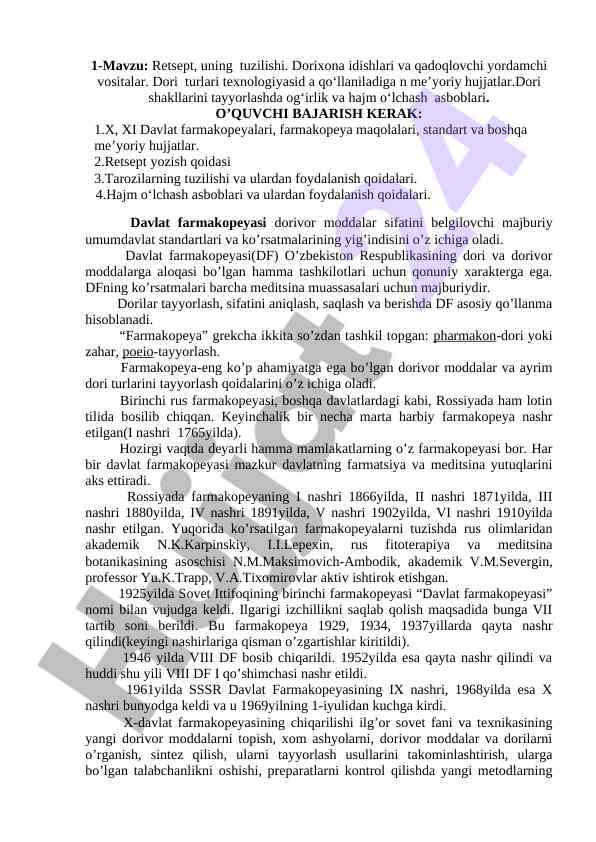 Dorivor moddalar va farmakopeya qoidalari