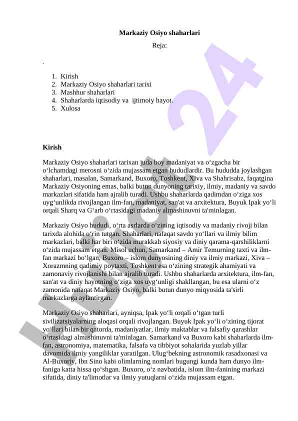 Markaziy osiyo shaharlari tarixi