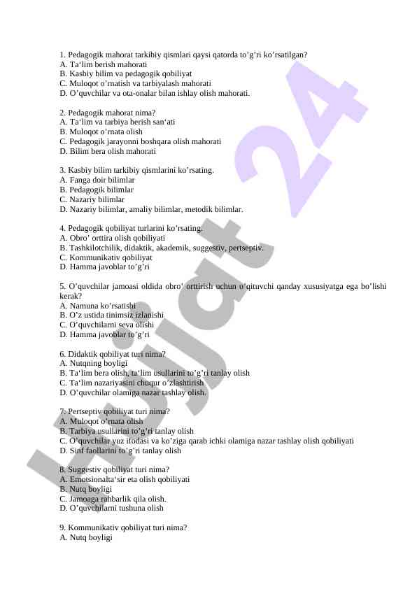 Pedagogik mahorat va kasbiy bilimlar testi