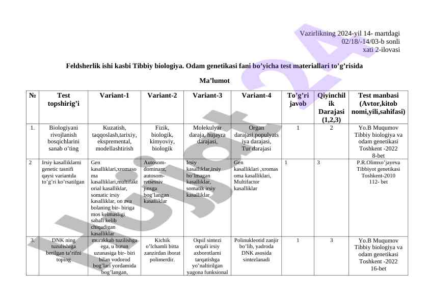 Tibbiy biologiya fani bo’yicha test materiallari