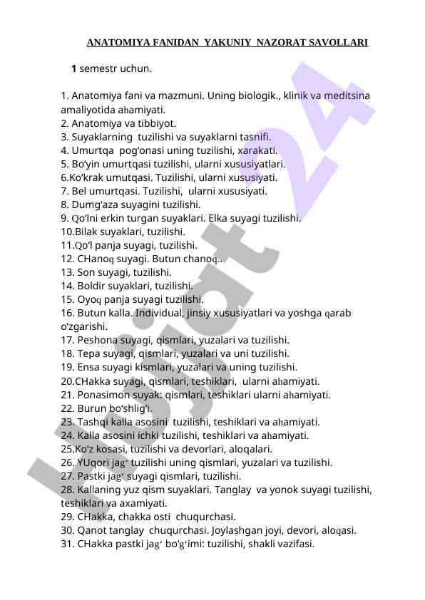Anatomiyada yakuniy nazorat savollari 1 semestr uchun