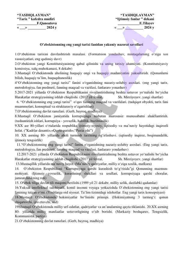 O'zbekistonning eng yangi tarixi fanidan nazorat savollari