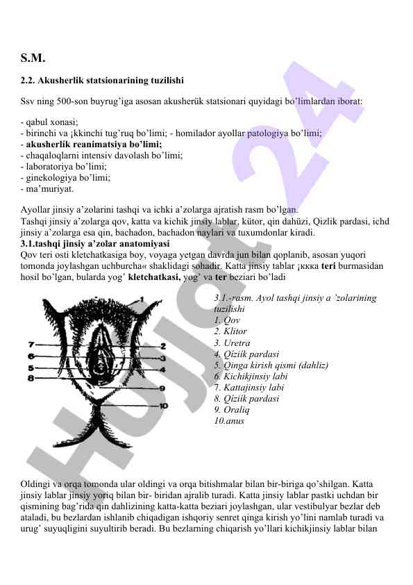 Akusherlik statsionarining tuzilishi va anatomiyasi