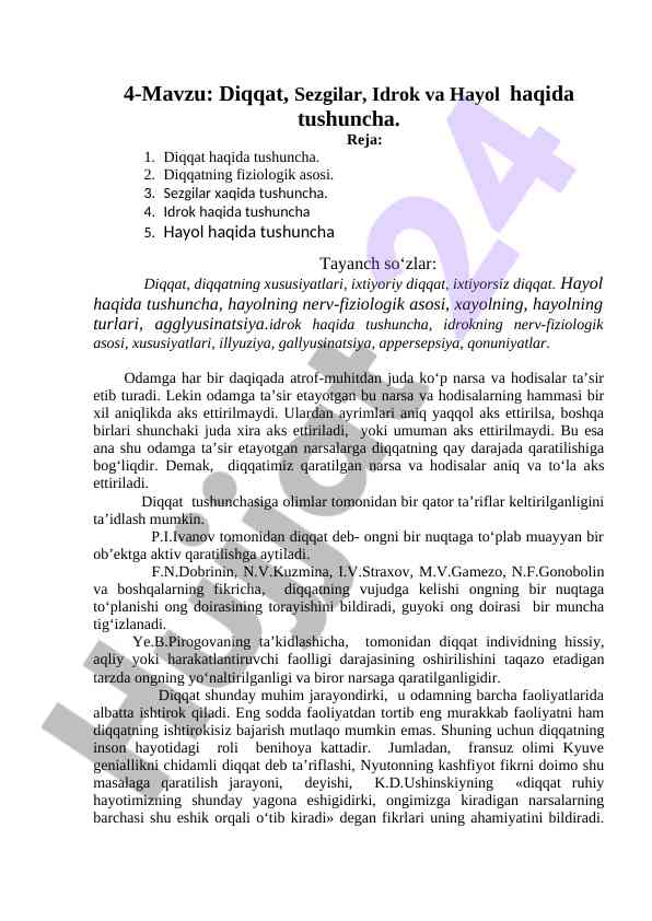 Diqqat, sezgilar, idrok va hayol haqida tushuncha