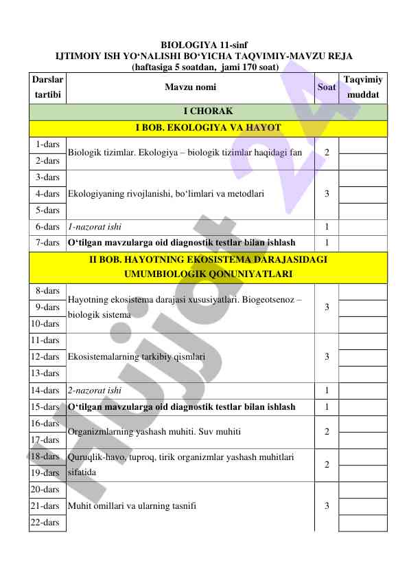 Biologiya 11 sinf mavzu reja taqdimoti