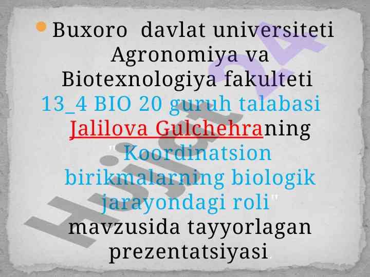 Koordinatsion birikmalarning biologik jarayondagi roli
