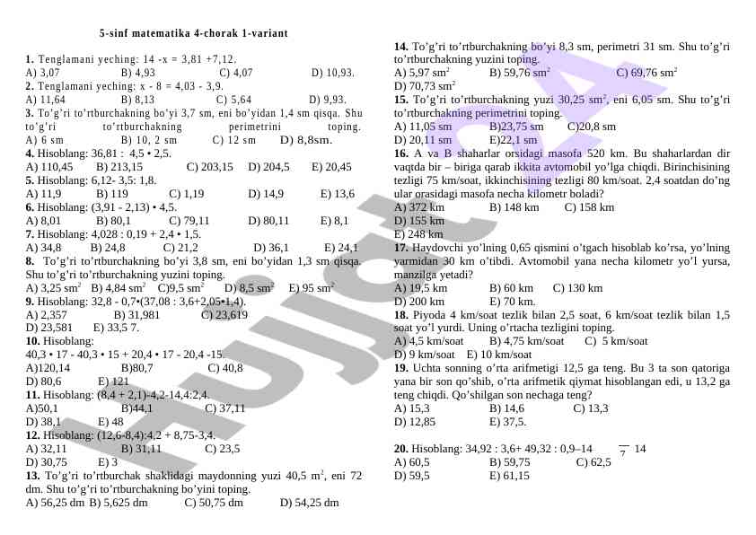 5-sinf matematika 4-chorak 1-variant savollari