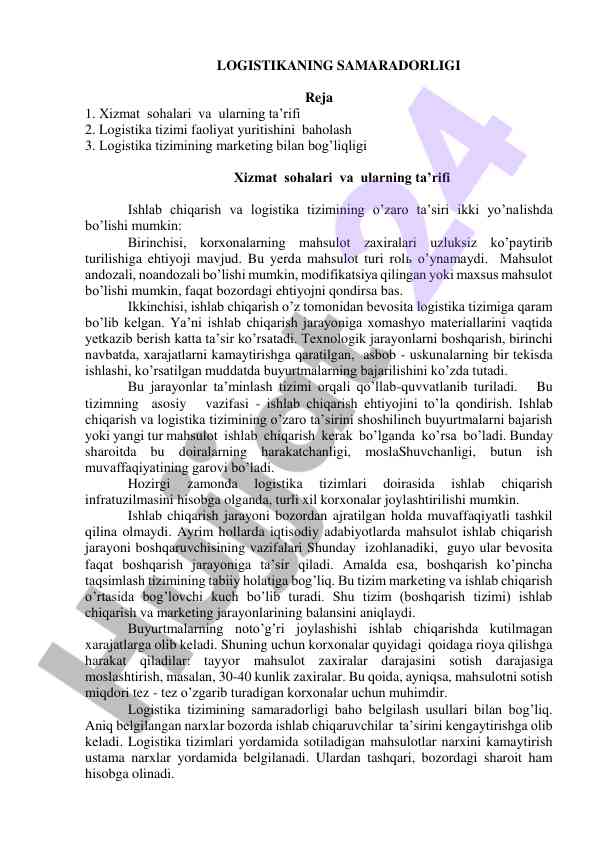 Logistikaning samaradorligi va tizimni baholash