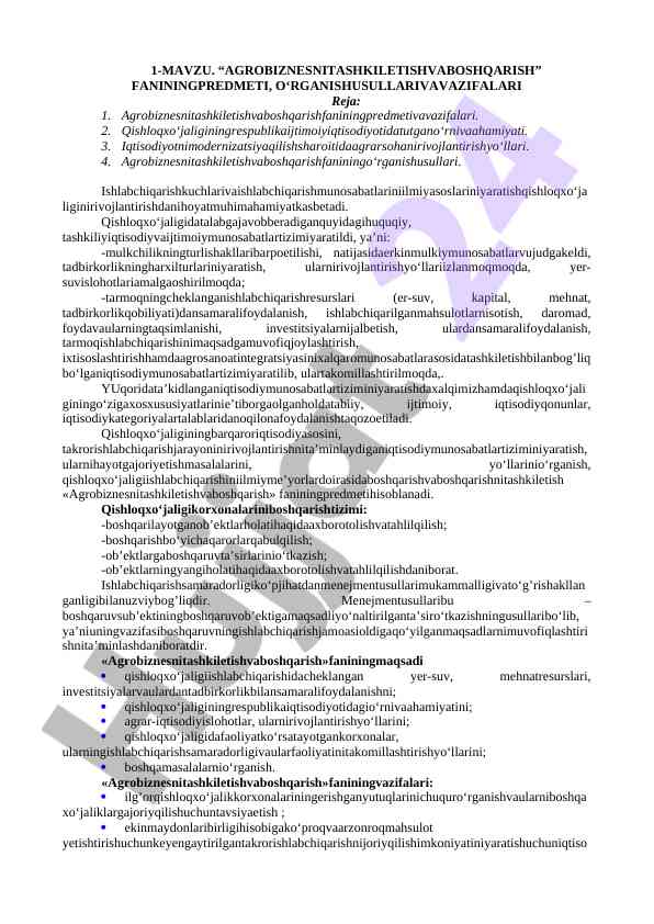 Agrobiznesni tashkil etish va boshqarish asoslari