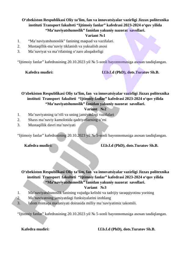 Ma’naviyatshunoslik fanidan yakuniy nazorat savollari