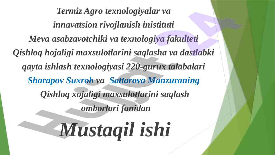 Meva sabzavot mahsulotlarini saqlash omborining tuzilishi