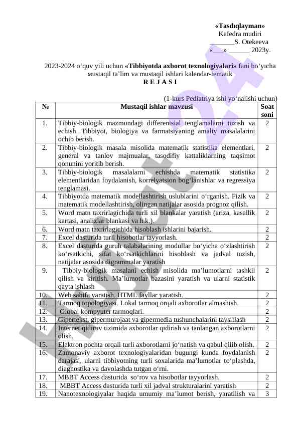 Tibbiyotda axborot texnologiyalari mustaqil ishlar rejasi