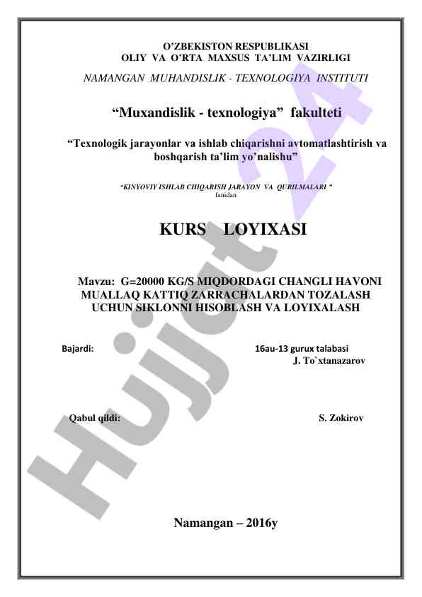 Changli havoni tozalash uchun siklonni loyihalash