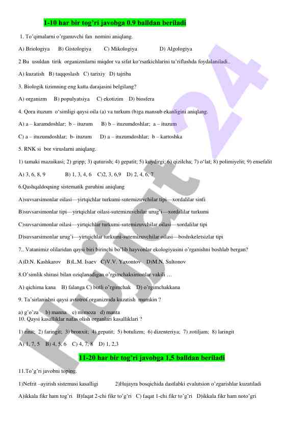 Biologiya faniga doir test savollari