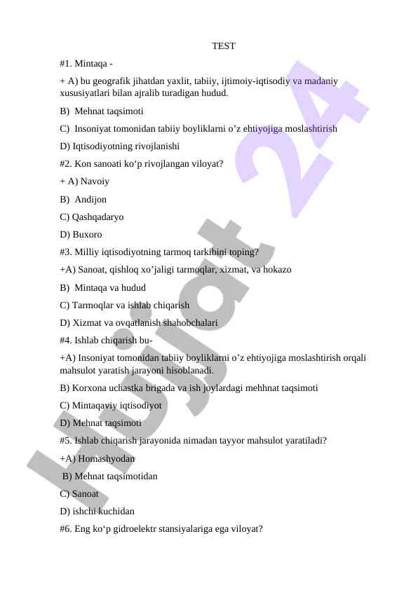 Iqtisodiyot va ishlab chiqarish bo'yicha test savollari