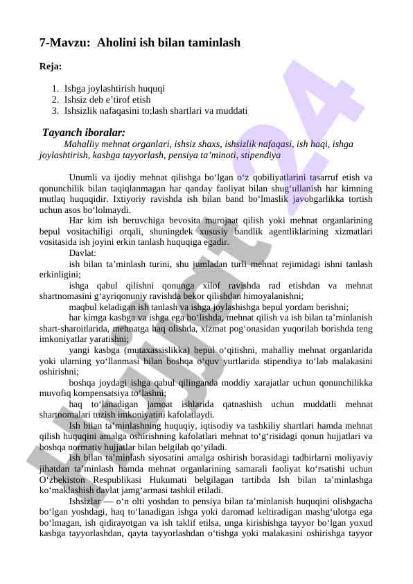 Aholini ish bilan taminlash masalalari