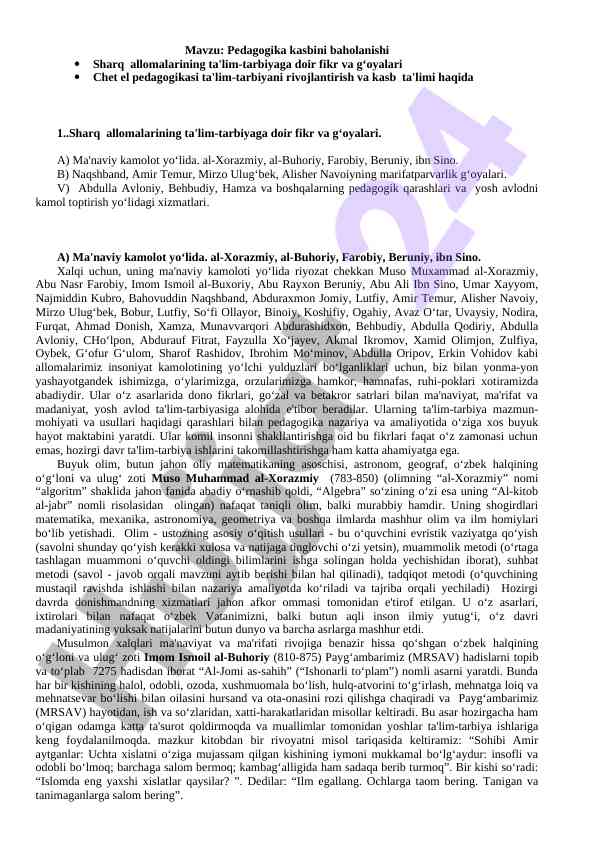 Pedagogika kasbini baholanishi sharq allomalari
