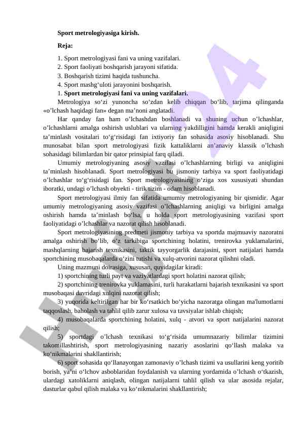 Sport Metrologiyasiga Kirish
