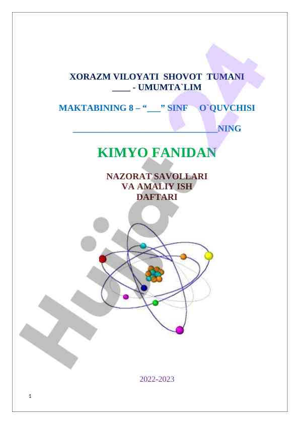 Kimyo fanidan nazorat savollari va amaliy ish daftari
