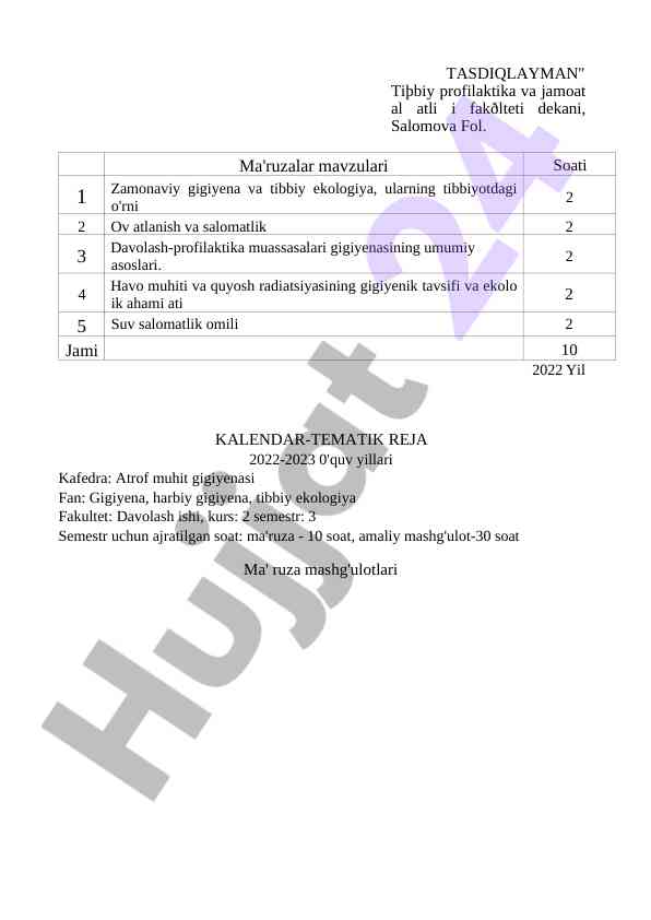 Gigiyena faniga o‘quv reja 2022-2023 yil