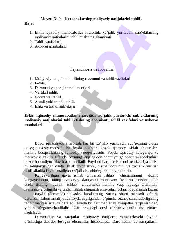 Korxonalarning moliyaviy natijalarini tahlili