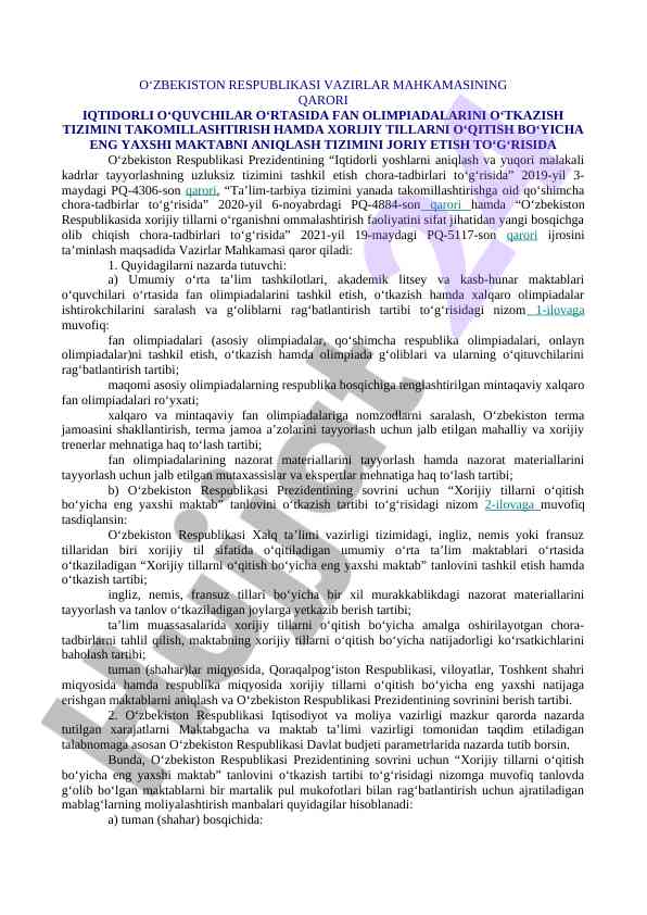 Fan olimpiadalarini o‘tkazish tizimini takomillashtirish