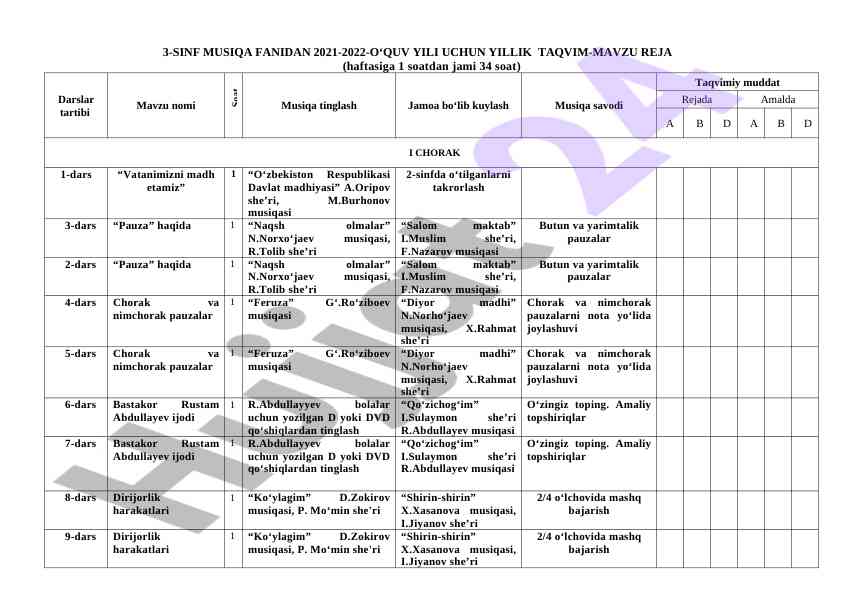 3-sinif musiqa fanidan yillik taqvim reja