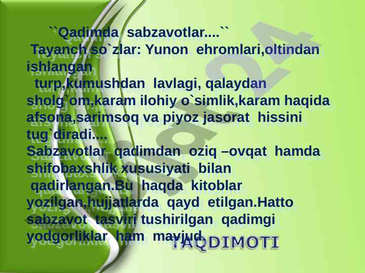 Qadimiy sabzavotlar va ularning oziq-ovqat xususiyatlari