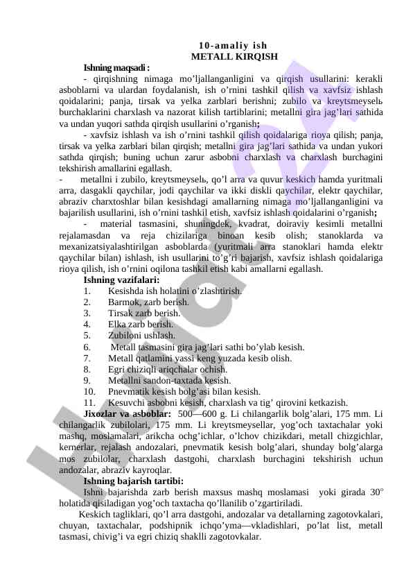 Amaliy ish metall qirqish usullari o'rganilishi
