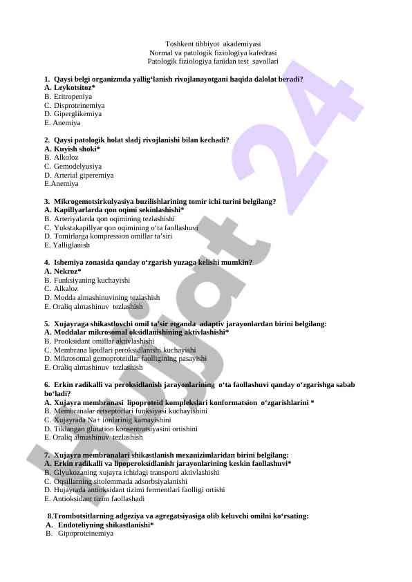 Patologik fiziologiya fanidan test savollari