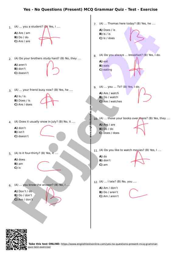 Yes no questions present mcq grammar quiz