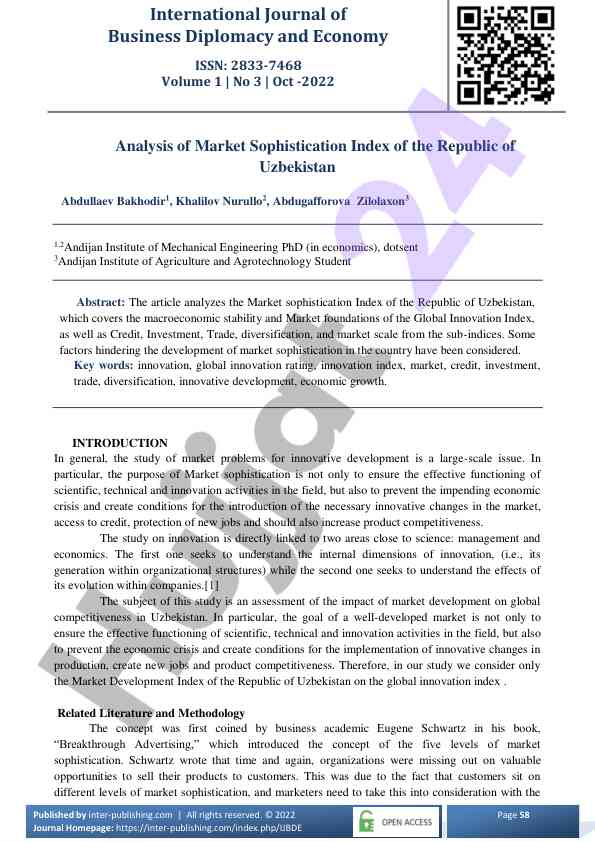 Analysis of market sophistication index of uzbekistan