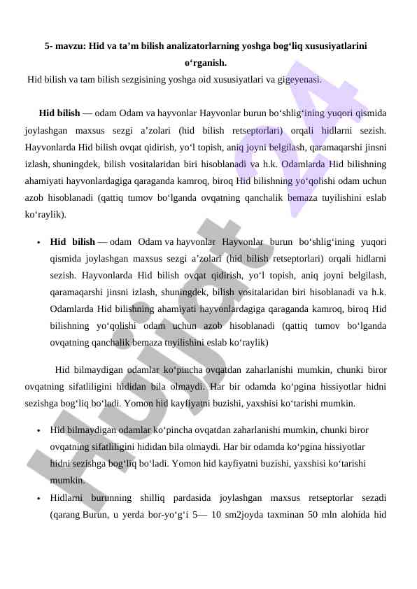 Hid va ta'm bilish analizatorlarning yoshga bog'liq xususiyatlari