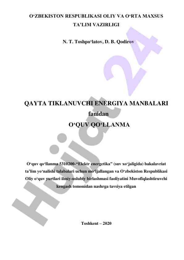 Qayta tiklanuvchi energiya manbalari o‘quv qo‘llanma