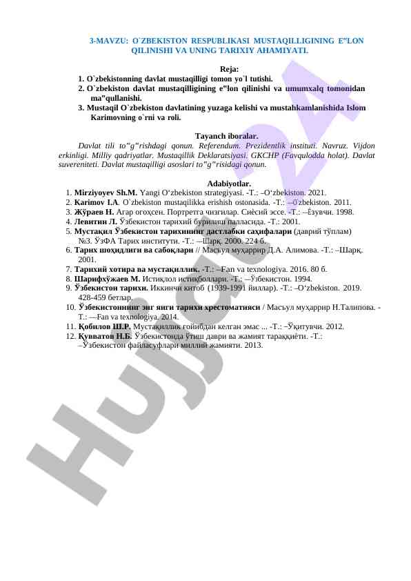 O'zbekiston respublikasi mustaqilligining e'lon qilinishi