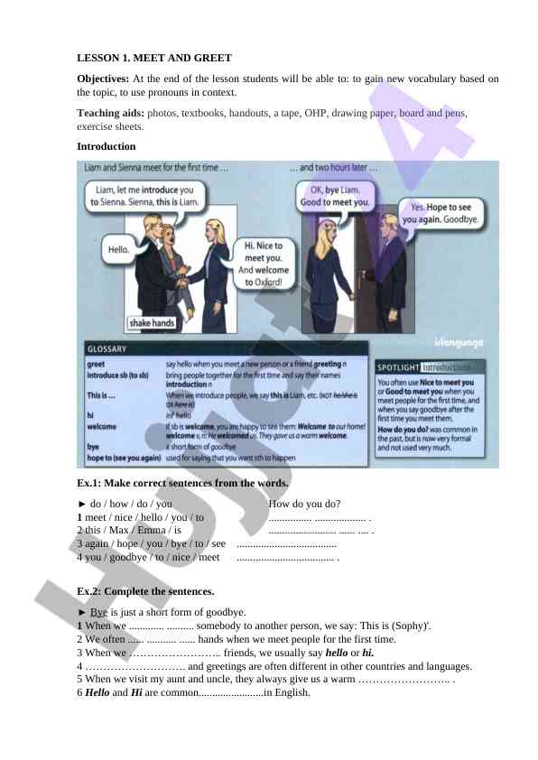 Lesson 1 meet and greet vocabulary and pronouns