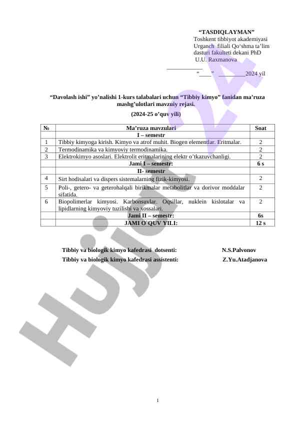 Tibbiy kimyo fanidan mavzuiy reja 2024-25