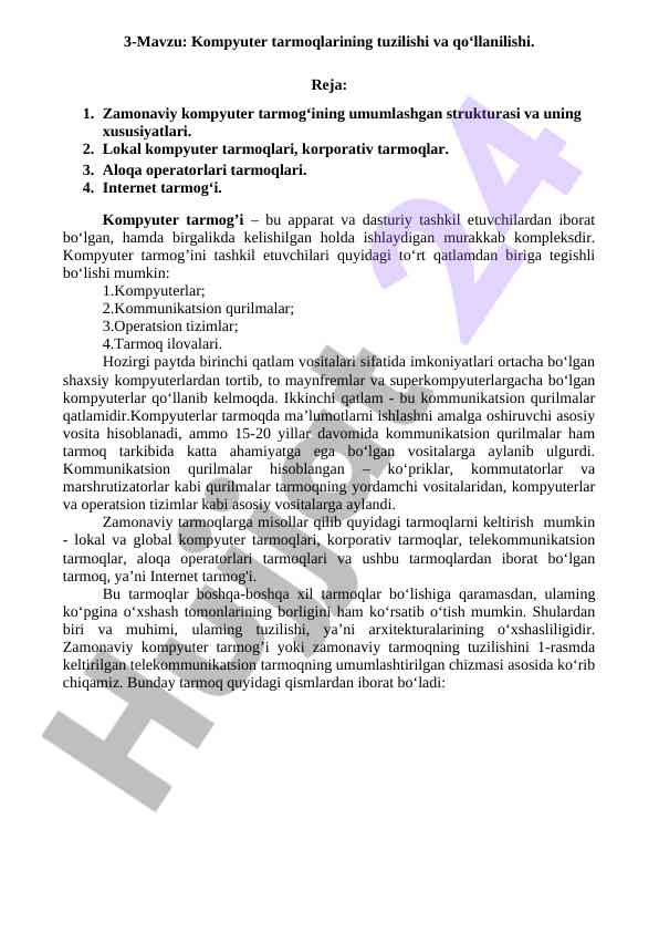 Kompyuter tarmoqlari tuzilishi va qo‘llanilishi