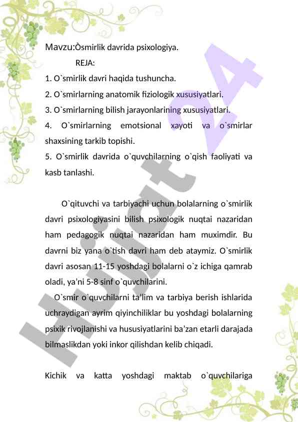 O`smirlik davrida psixologiya haqida ma’lumotlar