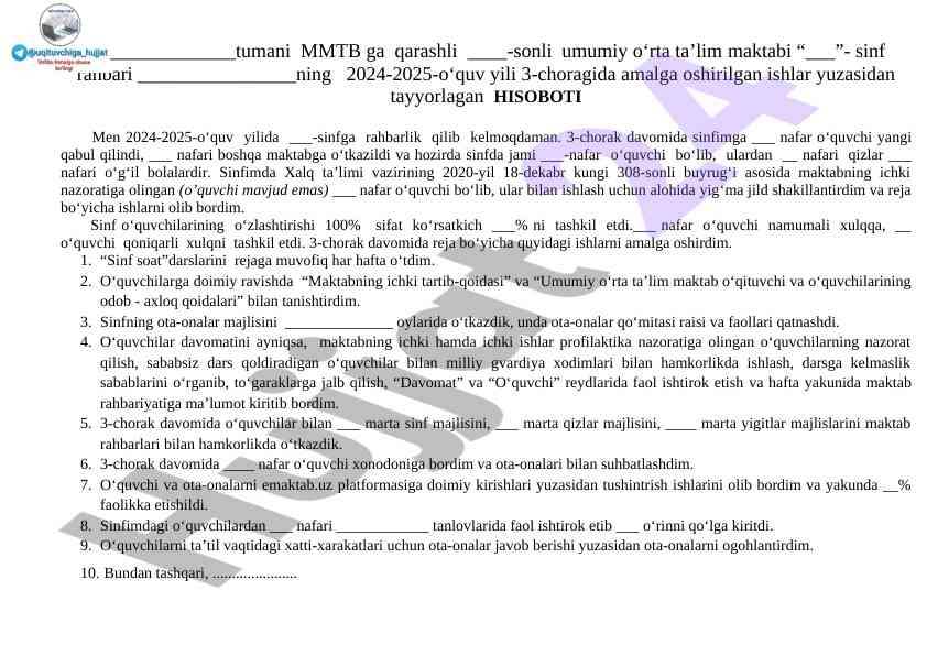 2024-2025 o‘quv yili 3-chorak hisoboti