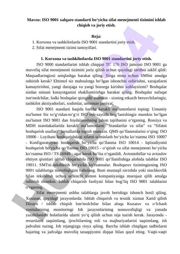 Iso 9001 xalqaro standarti bilan sifat menejmenti