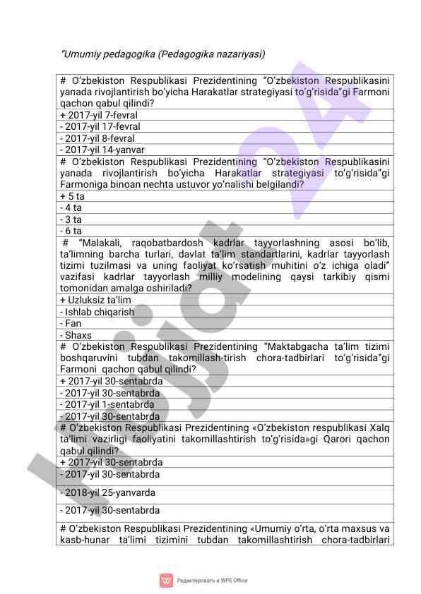 Umumiypedagogika mavzusi bo'yicha savollar