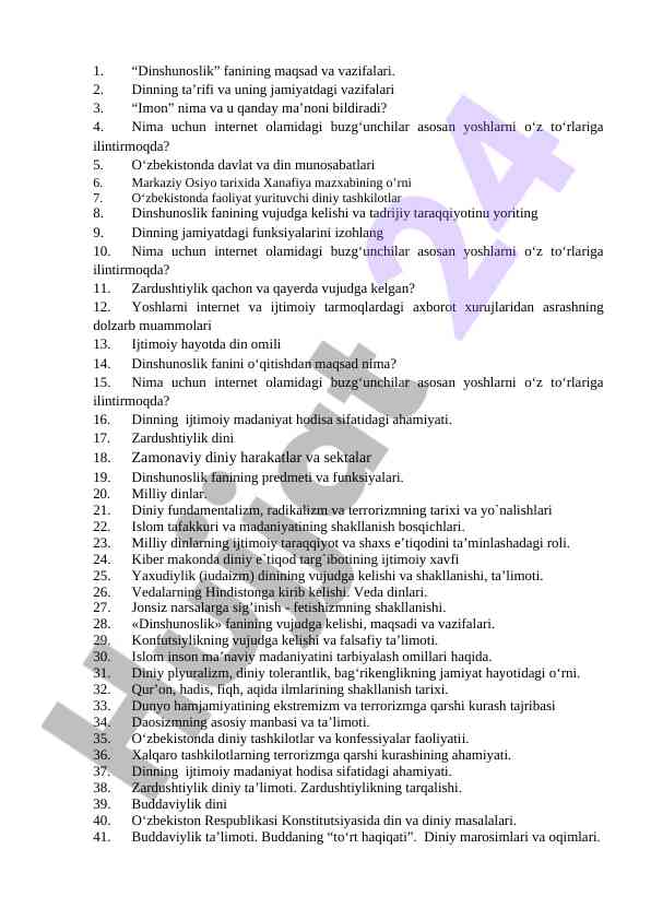 Dinshunoslik fanining maqsadlari va vazifalari