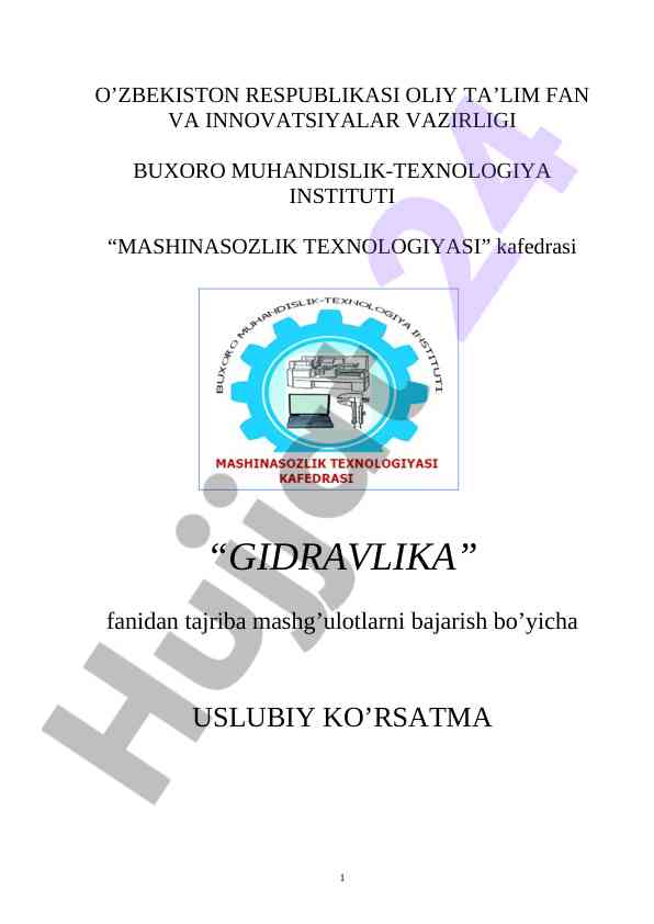 Gidravlika fani bo'yicha uslubiy ko'rsatma