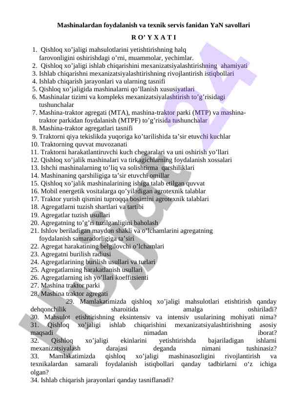 Qishloq xo‘jaligi mashinalari va mexanizatsiya