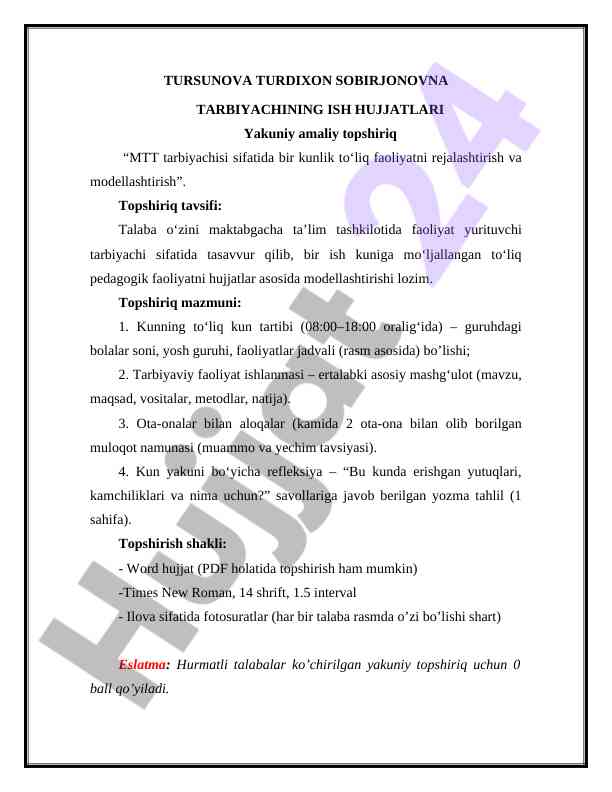 Maktabgacha taʼlimda pedagogik faoliyatni rejalashtirish